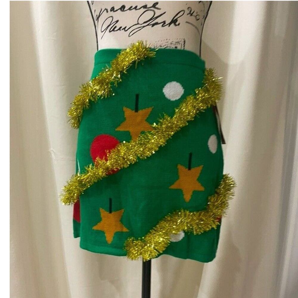 CHRISTMAS TREE TINSEL FETCHING KNIT MINI‎ SKIRT GIGGLE BELL HOLIDAYS SIZE SMALL